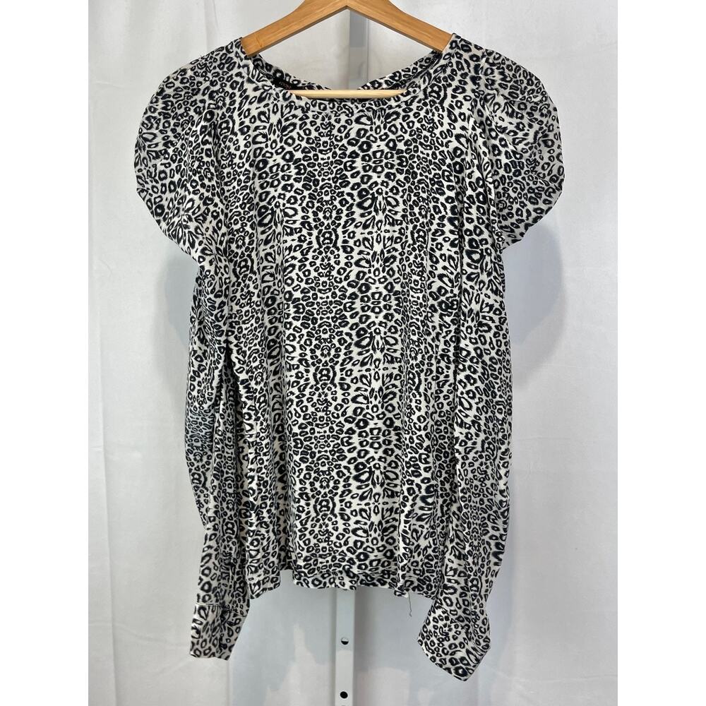 MAJE Size L Silk Animal Print Puff Long Sleeve Top Button Back Blouse Gray Beige